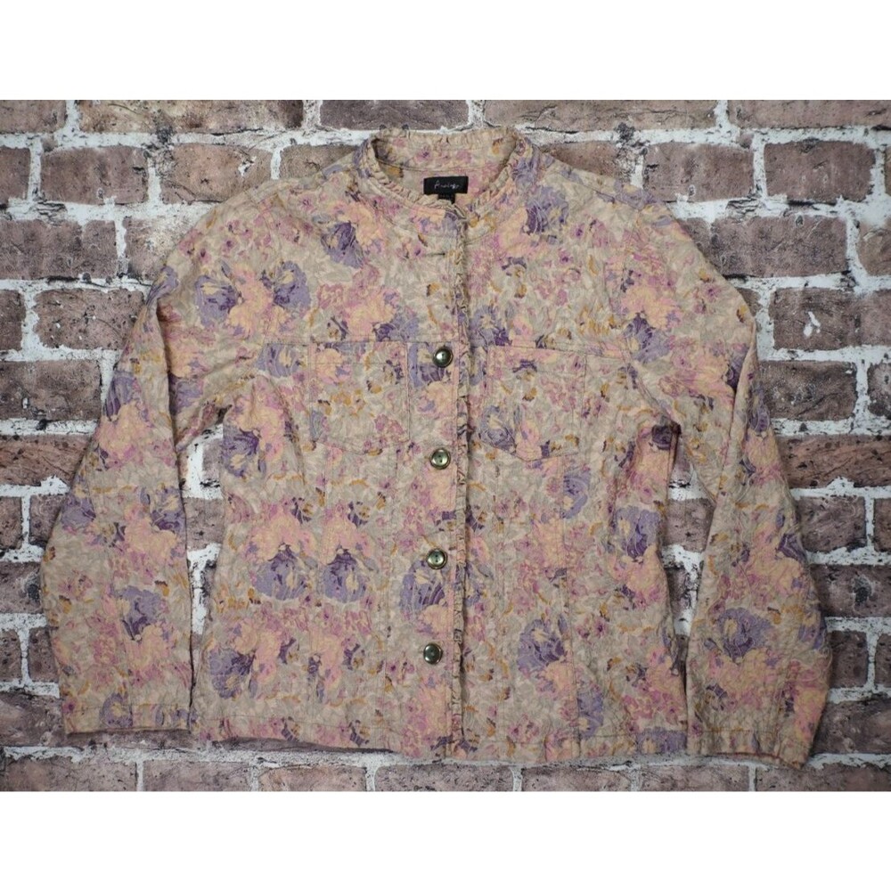 Analogy Womens Button Up Stretch Jacket Raised Stitch Floral Size Large